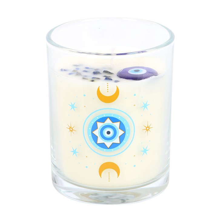 Under Watchful Eyes White Rose Candle with Crystals